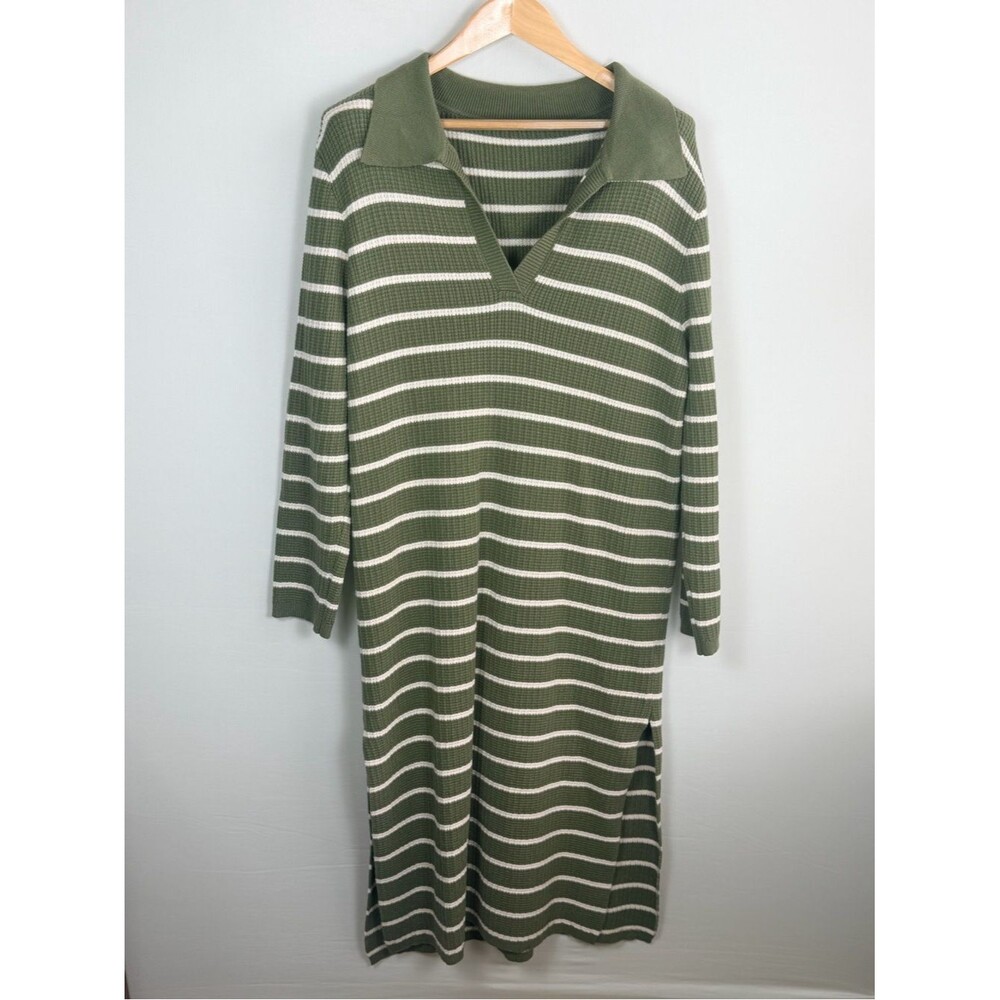 Striped Waffle Knit Midi Dress Collared V Neck Olive Green Slit XL